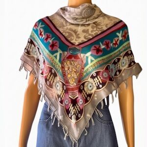 Folk Art Fringe Floral Russian Doll Square Scarf Wrap